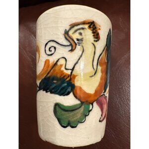 Set 4 Vintage Hand-Painted Ceramic Juice Cups Rooster MCM Crackle Glaze Kitsch